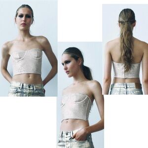 Zara cream champagne sequin corset bustier strapless crop top sparkly Sz S